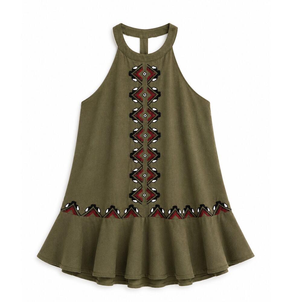 Piper by Townsen Embroidered Boho Swing Dress Olive Green Size Medium
